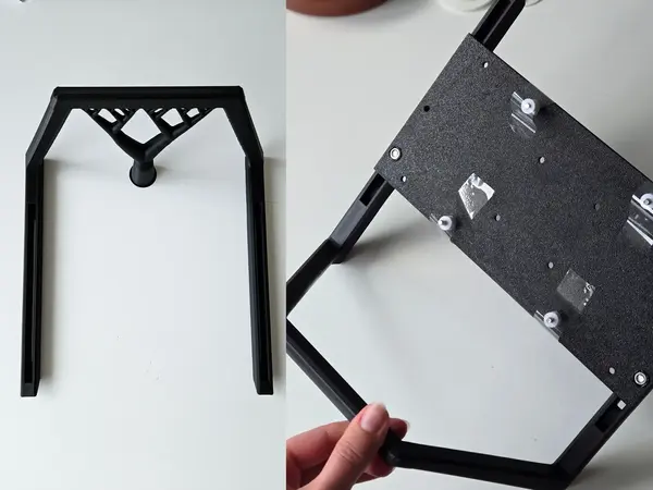 3D printed functional monitor handle with VESA-compatible sliding mount.