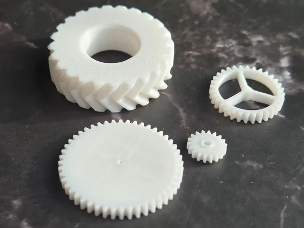 High-precision 3D printed plastic gears for mechanical projects.